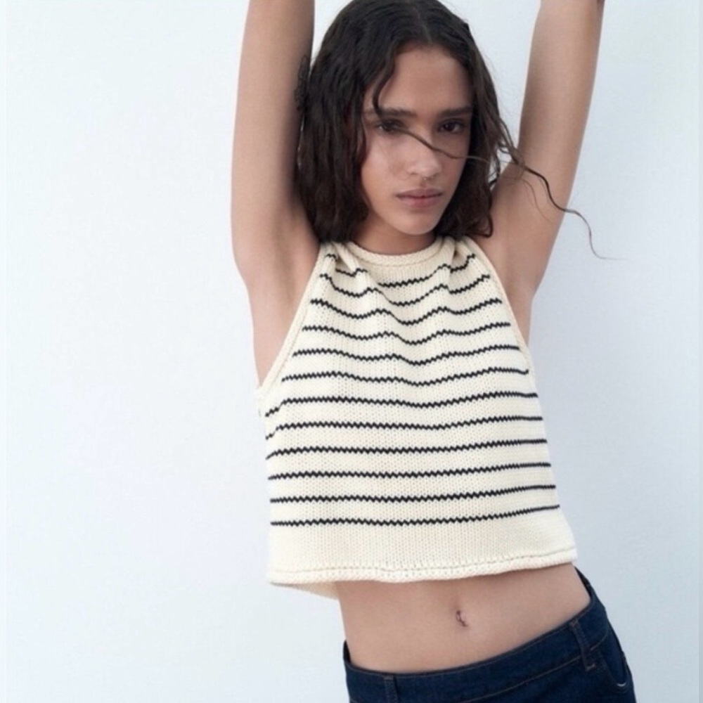 Zara Revolve Women’s Stripe Knit Crochet Sweater Crop Tank Top Shirt Cotton Med